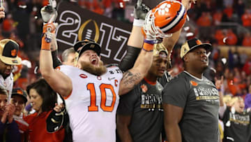 Jan 9, 2017; Tampa, FL, USA; Clemson Tigers linebacker Ben Boulware (10) celebrates after defeating the Alabama Crimson Tide 35-31 in the 2017 College Football Playoff National Championship Game at Raymond James Stadium. Mandatory Credit: Matthew Emmons-USA TODAY Sports