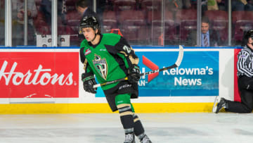 KELOWNA, BC - JANUARY 19: Cole Fonstad #24 of the Prince Albert Raiders warms up against the Kelowna Rockets at Prospera Place on January 19, 2019 in Kelowna, Canada. (Photo by Marissa Baecker/Getty Images)