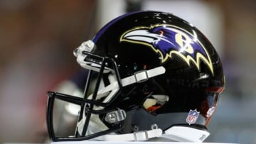 Sep 3, 2015; Atlanta, GA, USA; Detailed view of Baltimore Ravens helmet on the sidelines against the Atlanta Falcons in the third quarter at the Georgia Dome. The Ravens defeated the Falcons 20-19. Mandatory Credit: Brett Davis-USA TODAY Sports