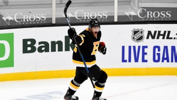 Jan 26, 2021; Boston, Massachusetts, USA; Boston Bruins right wing Craig Smith (12) reacts after scoring the game winning goal against the Pittsburgh Penguins during an overtime period at the TD Garden. Mandatory Credit: Brian Fluharty-USA TODAY Sports