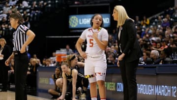 INDIANAPOLIS, IN - MARCH 05: Maryland Terrapins guard Destiny Slocum (5) talks with Maryland Terrapins Head Coach Brenda Frese during the Women's Big Ten Championship game game between the Purdue Boilermakers an Michigan State Spartans on March 05, 2017, at Bankers Life Fieldhouse in Indianapolis, IN. (Photo by Jeffrey Brown/Icon Sportswire via Getty Images)