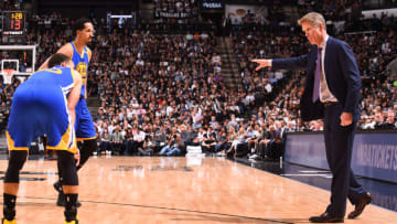 SAN ANTONIO, TX - MARCH 29: Steve Kerr of the Golden State Warriors coaches Stephen Curry