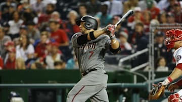 Sep 26, 2016; Washington, DC, USA; Arizona Diamondbacks catcher Welington Castillo (7) hits a single against the Washington Nationals during the fourth inning at Nationals Park. Mandatory Credit: Brad Mills-USA TODAY Sports