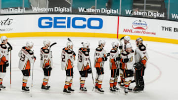 Anaheim Ducks Celebrating after win Mandatory Credit: John Hefti-USA TODAY Sports
