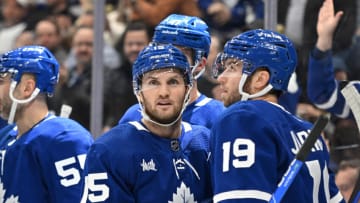 Jan 17, 2023; Toronto, Ontario, CAN; Toronto Maple Leafs forward Alexander Kerfoot (15) celebrates with team mates after scoring a goal against the Florida Panthers in the first period at Scotiabank Arena. Mandatory Credit: Dan Hamilton-USA TODAY Sports