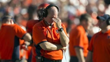 Oct 10, 2015; Tampa, FL, USA; Syracuse Orange head coach Scott Shafer during a stoppage of play in the second quarter against the South Florida Bulls at Raymond James Stadium. Mandatory Credit: Logan Bowles-USA TODAY Sports