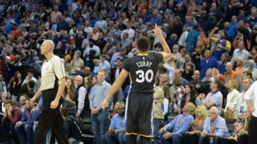 Feb 27, 2016; Oklahoma City, OK, USA; Golden State Warriors guard Stephen Curry (30) reacts after hitting the game winning shot against the Oklahoma City Thunder in overtime at Chesapeake Energy Arena. Mandatory Credit: Mark D. Smith-USA TODAY Sports