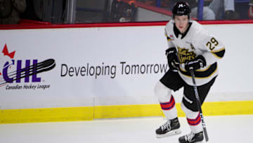 Jan 25, 2023; Langley, BC, CANADA; CHL Top Prospects team white forward Nate Danielson (14) warms up in the CHL Top Prospects ice hockey game at Langley Events Centre. Mandatory Credit: Anne-Marie Sorvin-USA TODAY Sports