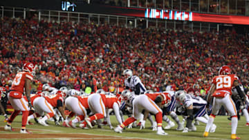 KANSAS CITY, MO - JANUARY 20: A wide view of New England Patriots quarterback Tom Brady (12) under center at the 1-yard line early in the second quarter of the AFC Championship Game game between the New England Patriots and Kansas City Chiefs on January 20, 2019 at Arrowhead Stadium in Kansas City, MO. (Photo by Scott Winters/Icon Sportswire via Getty Images)