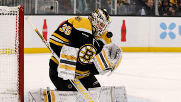 Nov 17, 2022; Boston, Massachusetts, USA; Boston Bruins goaltender Linus Ullmark (35) makes a save against the Philadelphia Flyers during the second period at TD Garden. Mandatory Credit: Winslow Townson-USA TODAY Sports