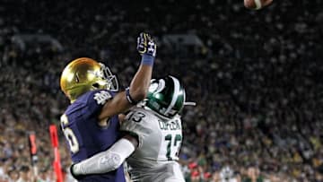 Sep 17, 2016; South Bend, IN, USA; Notre Dame Fighting Irish wide receiver Equanimeous St. Brown (6) has pass broken up by Michigan State Spartans cornerback Vayante Copeland (13) during the second half a game at Notre Dame Stadium. Mandatory Credit: Mike Carter-USA TODAY Sports