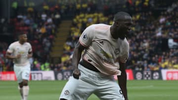 WATFORD, ENGLAND - SEPTEMBER 15: Romelu Lukaku of Manchester United celebrates scoring their first goal during the Premier League match between Watford FC and Manchester United at Vicarage Road on September 15, 2018 in Watford, United Kingdom. (Photo by John Peters/Man Utd via Getty Images)