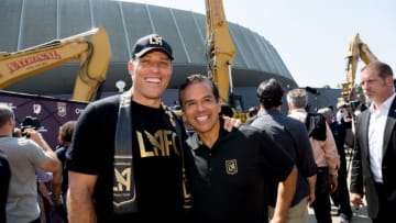 LOS ANGELES, CA - AUGUST 23: Motivational Speaker, Self-Help Author and part LAFC owner, Tony Robbins and former LA Mayor Antonio Villaraigosa pose for a picture at the Los Angeles Football Club Stadium Groundbreaking Ceremony on August 23, 2016 in Los Angeles, California. (Photo by Greg Doherty/WireImage)