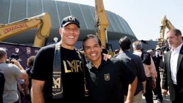 LOS ANGELES, CA - AUGUST 23: Motivational Speaker, Self-Help Author and part LAFC owner, Tony Robbins and former LA Mayor Antonio Villaraigosa pose for a picture at the Los Angeles Football Club Stadium Groundbreaking Ceremony on August 23, 2016 in Los Angeles, California. (Photo by Greg Doherty/WireImage)