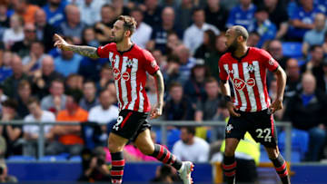 LIVERPOOL, ENGLAND - AUGUST 18: Danny Ings of Southampton celebrates after scoring his team's first goal during the Premier League match between Everton FC and Southampton FC at Goodison Park on August 18, 2018 in Liverpool, United Kingdom. (Photo by Alex Livesey/Getty Images)