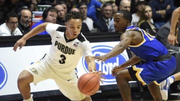 Nov 11, 2016; West Lafayette, IN, USA; Purdue Boilermakers guard Carsen Edwards (3) steals the ball from McNeese State Cowboys guard Kalob Ledoux (11) in the second half at Mackey Arena. Purdue won the game 109-65. Edwards scored 18 points in his first regular season game. Mandatory Credit: Sandra Dukes-USA TODAY Sports