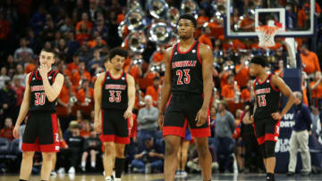 CHARLOTTESVILLE, VA - MARCH 07: Steven Enoch #23 of the Louisville Cardinals reacts in the final second of a game against the Virginia Cavaliers at John Paul Jones Arena on March 7, 2020 in Charlottesville, Virginia. (Photo by Ryan M. Kelly/Getty Images)