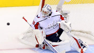 TORONTO, ONTARIO - AUGUST 06: Braden Holtby #70 of the Washington Capitals tends goal against the Philadelphia Flyers in the Eastern Conference Round Robin game during the 2020 NHL Stanley Cup Playoffs at Scotiabank Arena on August 06, 2020 in Toronto, Ontario, Canada. (Photo by Andre Ringuette/Freestyle Photo/Getty Images)