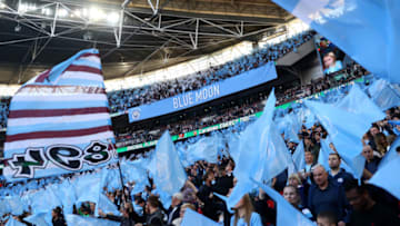 LONDON, ENGLAND - FEBRUARY 24: Manchester City fans show their support prior to the Carabao Cup Final between Chelsea and Manchester City at Wembley Stadium on February 24, 2019 in London, England. (Photo by Clive Rose/Getty Images)
