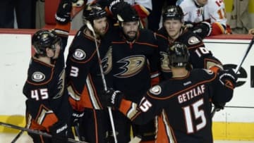 May 3, 2015; Anaheim, CA, USA; Anaheim Ducks center Nate Thompson (44) celebrates with his team after he scores an empty net goal against the Calgary Flames during the third period in game two of the second round of the 2015 Stanley Cup Playoffs at Honda Center. The Anaheim Ducks won 3-0. Mandatory Credit: Kelvin Kuo-USA TODAY Sports