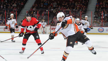 OTTAWA, ON - FEBRUARY 7: Rickard Rakell #67 of the Anaheim Ducks shoots the puck against the Ottawa Senators at Canadian Tire Centre on February 7, 2019 in Ottawa, Ontario, Canada. (Photo by Matt Zambonin/NHLI via Getty Images)