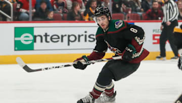GLENDALE, AZ - JANUARY 12: Arizona Coyotes center Nick Schmaltz (8) skates during the NHL hockey game between the Pittsburgh Penguins and the Arizona Coyotes on January 12, 2020 at Gila River Arena in Glendale, Arizona. (Photo by Kevin Abele/Icon Sportswire via Getty Images)