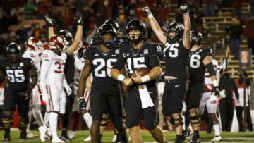 Oct 3, 2020; Ames, Iowa, USA; Iowa State quarterback Brock Purdy (15) celebrates a touchdown to bring the Cyclones to within one point of tying the game. With the extra point the game would be tied at 30 during their football game at Jack Trice Stadium. Iowa State would go on to defeat Oklahoma 37-30. Mandatory Credit: Brian Powers-USA TODAY Sports
