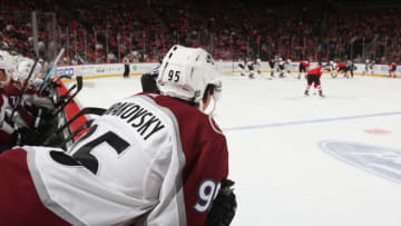 NEWARK, NEW JERSEY - JANUARY 04: Andre Burakovsky #95 of the Colorado Avalanche prepares to play against the New Jersey Devils at the Prudential Center on January 04, 2020 in Newark, New Jersey. (Photo by Bruce Bennett/Getty Images)