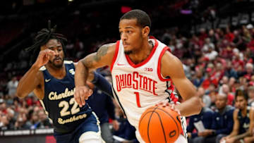 Nov 10, 2022; Columbus, OH, USA; Ohio State Buckeyes guard Roddy Gayle Jr. (1) dribbles around Charleston Southern Buccaneers guard RJ Johnson (22) during the first half of the NCAA men's basketball game at Value City Arena. Mandatory Credit: Adam Cairns-The Columbus DispatchCharleston Southern At Ohio State Men S Basketball