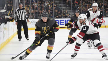 LAS VEGAS, NEVADA - SEPTEMBER 15: Cody Glass #9 of the Vegas Golden Knights skates during the first period against the Arizona Coyotes at T-Mobile Arena on September 15, 2019 in Las Vegas, Nevada. (Photo by David Becker/NHLI via Getty Images)