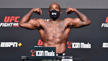 LAS VEGAS, NEVADA - SEPTEMBER 03: In this UFC handout, Khalil Rountree poses on the scale during the UFC weigh-in at UFC APEX on September 03, 2021 in Las Vegas, Nevada. (Photo by Chris Unger/Zuffa LLC/Getty Images)