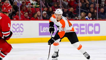 Nov 21, 2019; Raleigh, NC, USA; Philadelphia Flyers center Morgan Frost (48) skates with the puck against the Carolina Hurricanes at PNC Arena. The Flyers won 5-2. Mandatory Credit: James Guillory-USA TODAY Sports