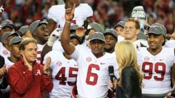 Dec 6, 2014; Atlanta, GA, USA; Alabama Crimson Tide quarterback Blake Sims (6) is interviewed after the 2014 SEC Championship Game against the Missouri Tigers at the Georgia Dome. Alabama defeated Missouri 42-13. Mandatory Credit: Kevin Liles-USA TODAY Sports