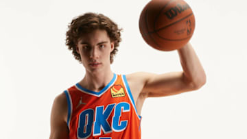 Josh Giddey #3 of the Oklahoma City Thunder poses for a photo during the 2021 NBA Rookie Photo Shoot on August 15, 2021 in Las Vegas, Nevada. (Photo by Joe Scarnici/Getty Images)
