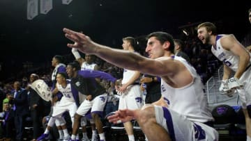 Mar 2, 2016; Manhattan, KS, USA; Kansas State Wildcats guard Brian Rohleder (33) and other players on the Wildcats bench celebrate a late basket during a game TCU Horned Frogs at Fred Bramlage Coliseum. The Wildcats won 79-54. Mandatory Credit: Scott Sewell-USA TODAY Sports