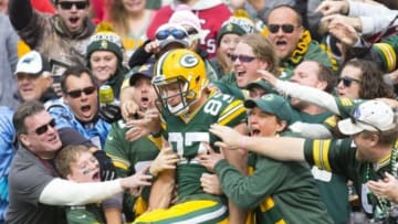 Oct 19, 2014; Green Bay, WI, USA; Green Bay Packers wide receiver Jordy Nelson (87) celebrates a touchdown by jumping into the stands during the first quarter against the Carolina Panthers at Lambeau Field. Mandatory Credit: Jeff Hanisch-USA TODAY Sports