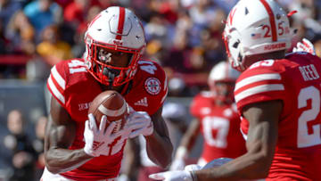 LINCOLN, NE - OCTOBER 27: Defensive back Deontai Williams #41 of the Nebraska Cornhuskers intercepts a pass in the second half against the Bethune Cookman Wildcats at Memorial Stadium on October 27, 2018 in Lincoln, Nebraska. (Photo by Steven Branscombe/Getty Images)