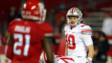 PISCATAWAY, NJ - SEPTEMBER 30: Quarterback Joe Burrow #10 of the Ohio State Buckeyes calls out signals during a game against the Rutgers Scarlet Knights on September 30, 2017 at High Point Solutions Stadium in Piscataway, New Jersey. Ohio State won 56-0. (Photo by Hunter Martin/Getty Images)