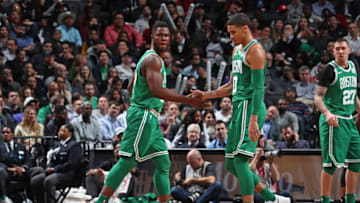 BROOKLYN, NY - NOVEMBER 14: Semi Ojeleye #37 and Jayson Tatum #0 of the Boston Celtics shake hands against the Brooklyn Nets on November 14, 2017 at Barclays Center in Brooklyn, New York. NOTE TO USER: User expressly acknowledges and agrees that, by downloading and or using this Photograph, user is consenting to the terms and conditions of the Getty Images License Agreement. Mandatory Copyright Notice: Copyright 2017 NBAE (Photo by Nathaniel S. Butler/NBAE via Getty Images)
