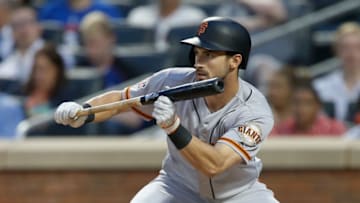 NEW YORK, NY - AUGUST 20: (NEW YORK DAILIES OUT) Steven Duggar #6 of the San Francisco Giants in action against the New York Mets at Citi Field on August 20, 2018 in the Flushing neighborhood of the Queens borough of New York City. The Giants defeated the Mets 2-1 after 13 innings. (Photo by Jim McIsaac/Getty Images)
