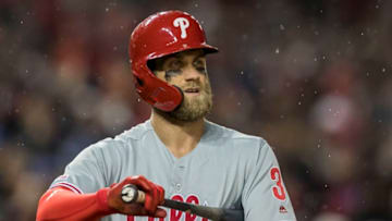 WASHINGTON, DC - April 02: Bryce Harper #3 of the Philadelphia Phillies prepares to bat bat during the first inning of the game against the Washington Nationals at Nationals Park on April 2, 2019 in Washington, DC. (Photo by Scott Taetsch/Getty Images)