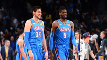 Mike Muscala #33 and Nerlens Noel #9 of the OKC Thunder smile during a game against the Denver Nuggets (Photo by Bart Young/NBAE via Getty Images)