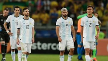 BELO HORIZONTE, BRAZIL - JULY 02: (L-R) Angel Di Maria, Lionel Messi, Sergio Aguero and Paulo Dybala of Argentina react after losing the Copa America Brazil 2019 Semi Final match between Brazil(Photo by Gustavo Ortiz/Jam Media/Getty Images)