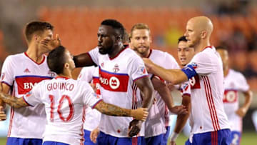 Aug 14, 2016; Houston, TX, USA; Toronto FC forward Jozy Altidore (17) celebrates with teammates after scoring a goal against the Houston Dynamo during the first half at BBVA Compass Stadium. Mandatory Credit: Erik Williams-USA TODAY Sports
