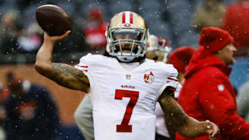 CHICAGO, IL - DECEMBER 04: Quarterback Colin Kaepernick #7 of the San Francisco 49ers warms up prior to the game against the Chicago Bears at Soldier Field on December 4, 2016 in Chicago, Illinois. (Photo by Jonathan Daniel/Getty Images)