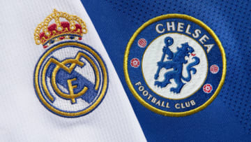 MANCHESTER, ENGLAND - APRIL 22: The club badges of Real Madrid and Chelsea on their first team home shirts ahead of their UEFA Champions League semi final on April 22, 2021 in Manchester, United Kingdom. (Photo by Visionhaus/Getty Images)