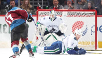 DENVER, CO - FEBRUARY 27: Luke Schenn #2 of the Vancouver Canucks looks to block a shot by Tyson Jost #17 of the Colorado Avalanche at the Pepsi Center on February 27, 2019 in Denver, Colorado. (Photo by Michael Martin/NHLI via Getty Images)