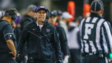 SEATTLE, WA - NOVEMBER 25: Head coach Chris Petersen of the Washington Huskies yells at field judge Kevin Kieser during the game against the Washington State Cougars at Husky Stadium on November 25, 2017 in Seattle, Washington. (Photo by Otto Greule Jr/Getty Images)