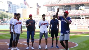 Oct 7, 2016; Cleveland, OH, USA; Cleveland Cavaliers forward LeBron James (right) speaks to the crowd before game two of the 2016 ALDS playoff baseball series between the Cleveland Indians and the Boston Red Sox at Progressive Field. Mandatory Credit: Rick Osentoski-USA TODAY Sports