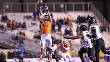BOISE, ID - OCTOBER 12: Linebacker Benton Wickersham #25 of the Boise State Broncos tips a pass during second half action against the Hawai'i Rainbow Warriors on October 12, 2019 at Albertsons Stadium in Boise, Idaho. Boise State won the game 59-37. (Photo by Loren Orr/Getty Images)